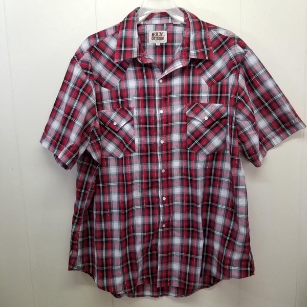Vintage Ely Cattleman Pearl Snap Red Black White Plaid Men's Shirt XL Rodeo Western Rockabilly