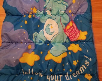 Sac De Couchage Vintage Care Bears 1982 – Bleu étoiles Et Arc-en-ciel – Taille Enfant