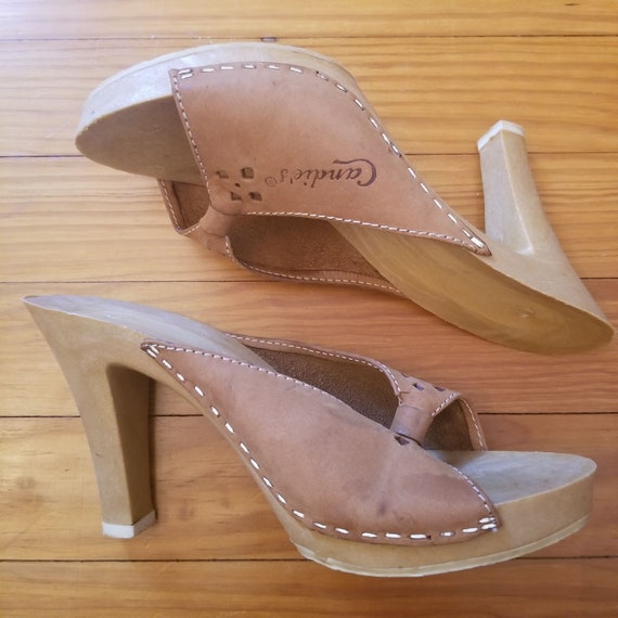 Candies 7 Tan Leather Slides Wood Heels Chunky 90… - image 7