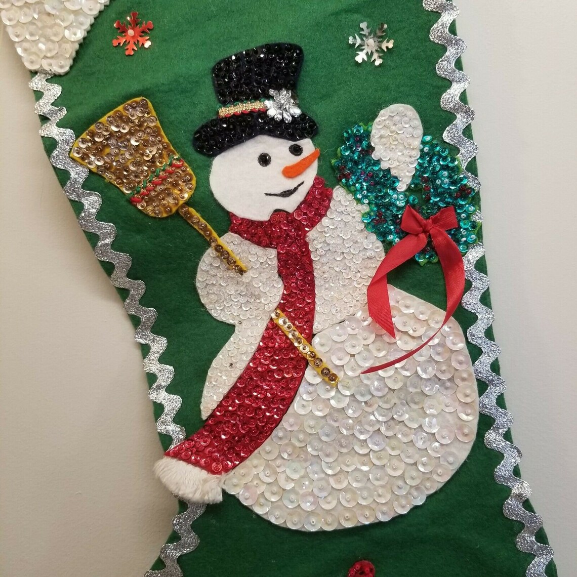 Embellished Felt Christmas Stocking Noel Green Snowman Sequins Etsy