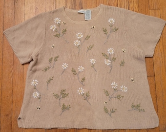 Vintage 26/28 Tröja Brun Blommig Bi Broderad Stuga Granola Jordnära Natur
