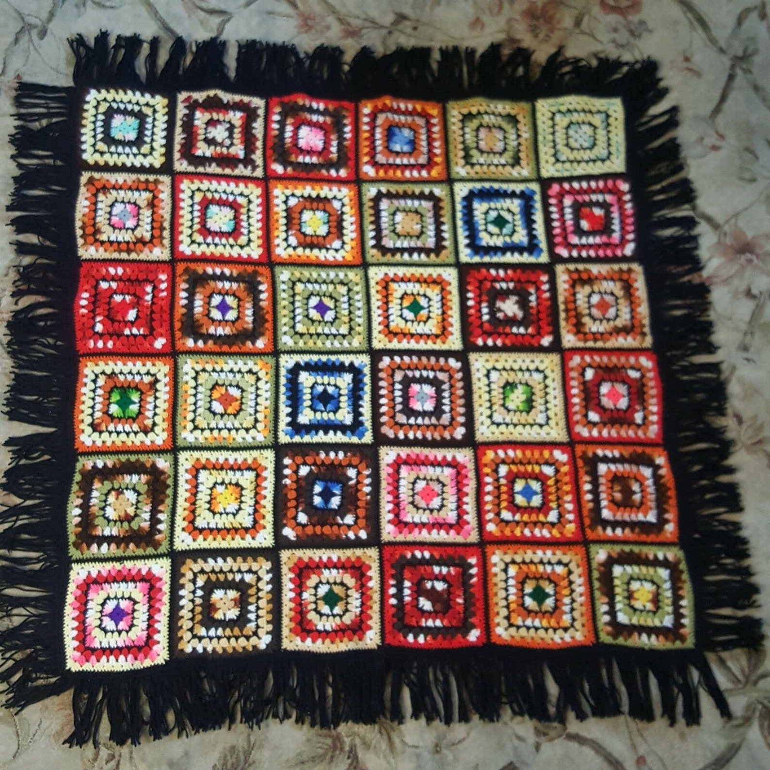 Black Granny Squares Throw Blanket Afghan Fringe 49X49 in Etsy