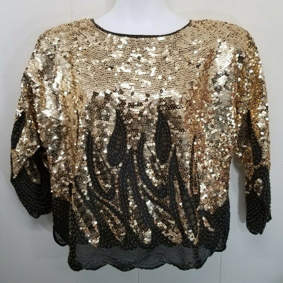 Hand Embroidered Size 44 Gold Black Paisley Sequi… - image 1