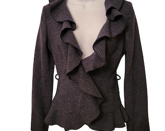 Armani Jeans 0 Blau Grau Tweed Rüschen Wolle ausgestattet Blazer Jacke Academia Twee
