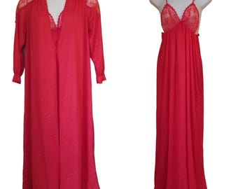 Peignoir OS Red Bridal Set Nightgown Robe Negligee Cover Up Sheer Lace Lingerie