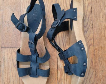 Sanita OLISE FLEX 39 Sandals Black Leather Stud Wooden Clog 8 Gladiator Strappy