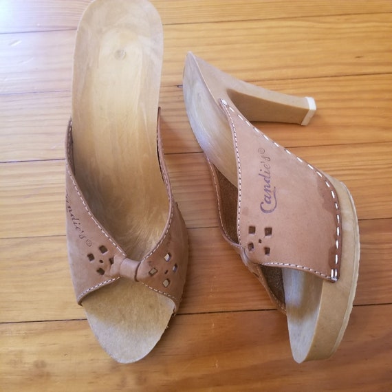 Candies 7 Tan Leather Slides Wood Heels Chunky 90… - image 1