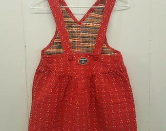 Oshkosh 2T Overall Dress Red Floral Vestbak Vintage USA Cotton Retro Fall Autumn