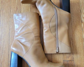 Bruno Valenti DARCY Block Heel Leather Boots 10 Camel Tan Vintage Brazil Chunky 90s Y2K