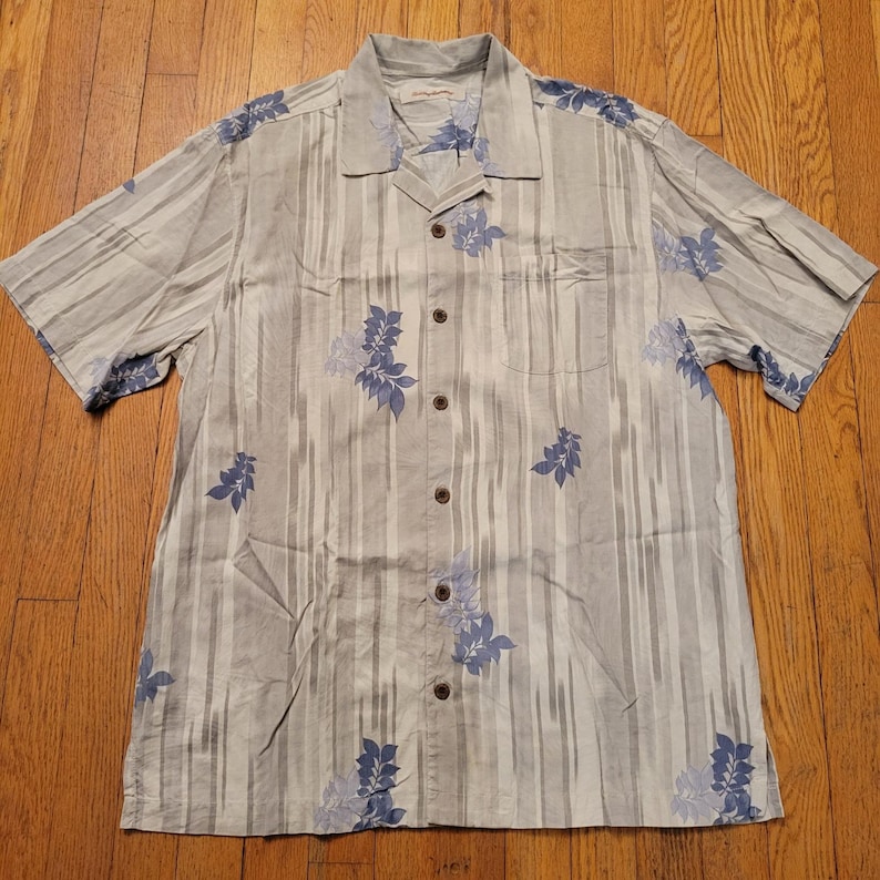 Tommy Bahama L Silk Button Gray Blue Stripe Floral Leaf Camp Shirt Summer Beach image 1