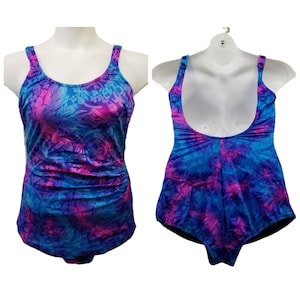 Maxine Hollywood Vintage 18 Bathing Suit 1 Pc Swim Tropical Blue Pink Floral Tankini