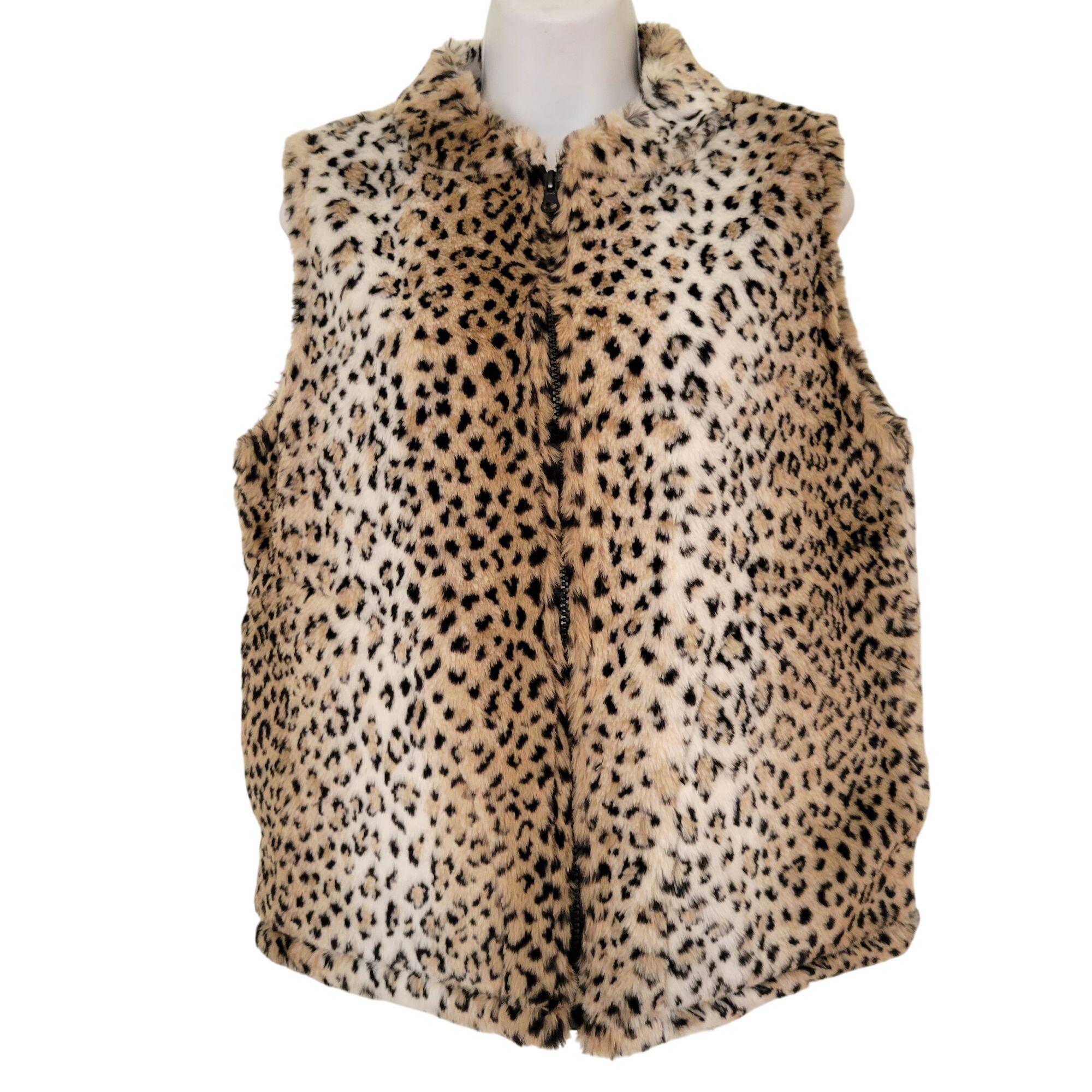 US 三軒茶屋 Fake Fur Leopard Zip Up Vest Reversible Leopard Print Sherpa/Faux Fur Vest VT716