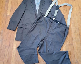 H Freeman 52R Suit Gray USA Made Wool Blazer Jacket Pants 3 Pc Suspenders Preppy