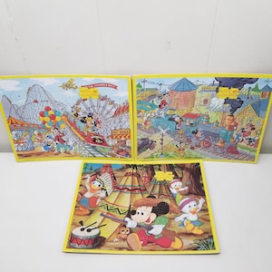 3 Disney Jaymar Interlocking Picture Puzzles 30 pc Each Mickey Donald Train Roller Coaster Vintage
