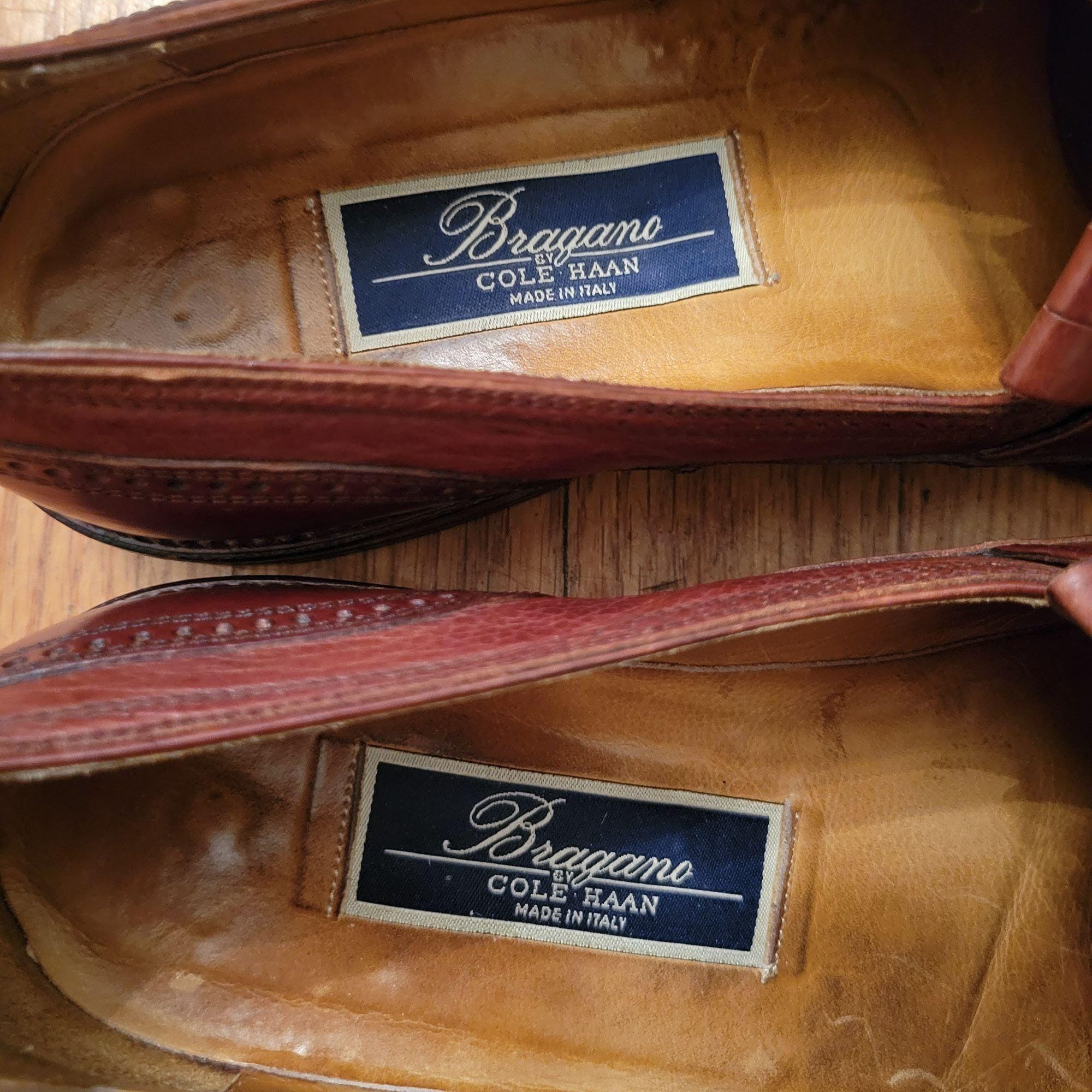 Bragano Cole Haan Men\'s‎ Loafers 9M Brown Leather Tasseled Kiltie Italy Vibram Vintage Bragano Distressed Woven Leather Tassel Loafers Made  main image 4