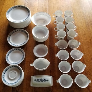 83 pc Corelle Dishes Bowls Plates Cups Saucers BLUE ONION Pyrex Corning Butter Dish