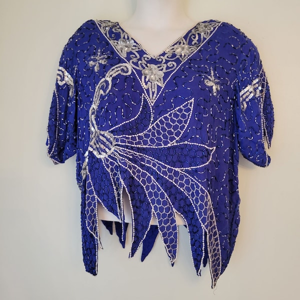 Vintage L Blue Silk Silver Beaded Top Cosplay Glam Party