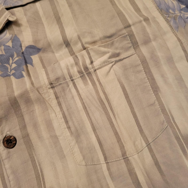 Tommy Bahama L Silk Button Gray Blue Stripe Floral Leaf Camp Shirt Summer Beach image 2