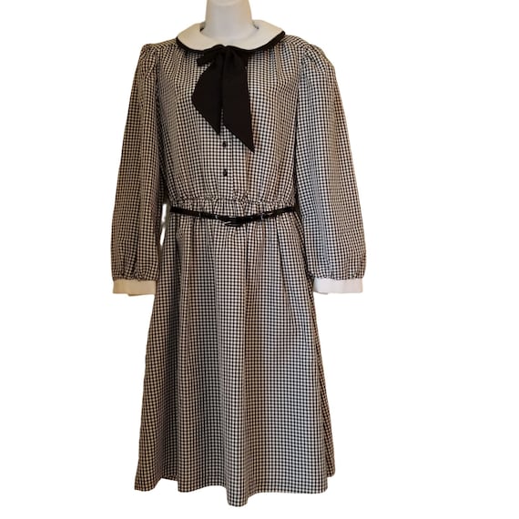 Vintage Sears Black White Gingham Check Belted Dr… - image 1