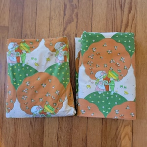 Joan Walsh Anglund Vintage 1975 Utica Twin Flat Fitted Sheet Set Orange Green Dolls