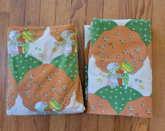 Joan Walsh Anglund Vintage 1975 Utica Twin Flat Fitted Sheet Set Orange Green Dolls