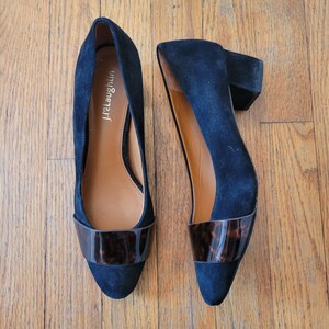J McLaughlin Pumps, Größe 6,5, Schwarzes Wildleder, Schildpattmuster, Blockabsatz, spitze Zehenpartie, klassisch