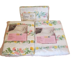 Sears Perma Prest Muslin Full Flat Fitted Sheet Set 2 Pilowcases GARDEN STRIPE