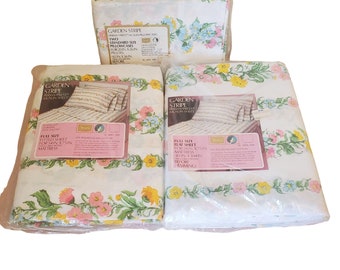 Sears Perma Prest Muslin Full Flat Fitted Sheet Set 2 Pilowcases GARDEN STRIPE
