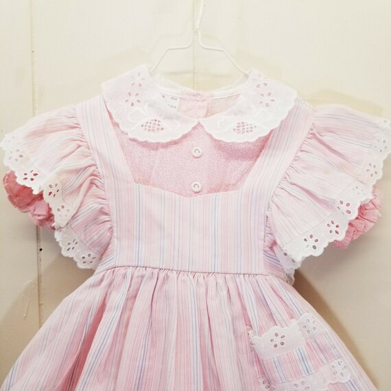 Mini World 2T Pink Stripe Dress Vintage Eyelet La… - image 3