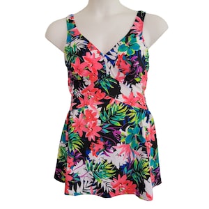 Maxine Hollywood Vintage 16 Bathing Suit 1 Pc Swim Tropical Pink Purple Floral Tankini