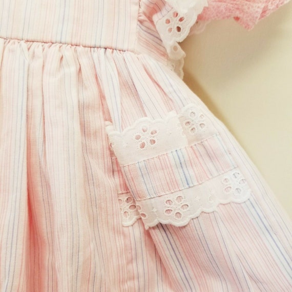 Mini World 2T Pink Stripe Dress Vintage Eyelet La… - image 2