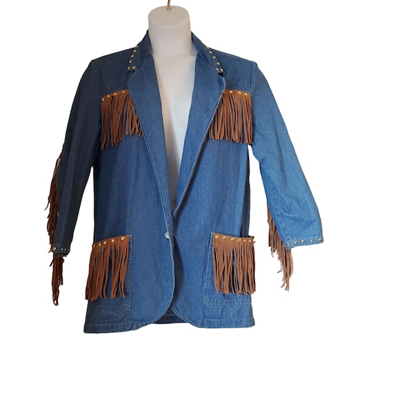 Ideas S Blue Jean Denim Brown Fringed Western Cow… - image 1