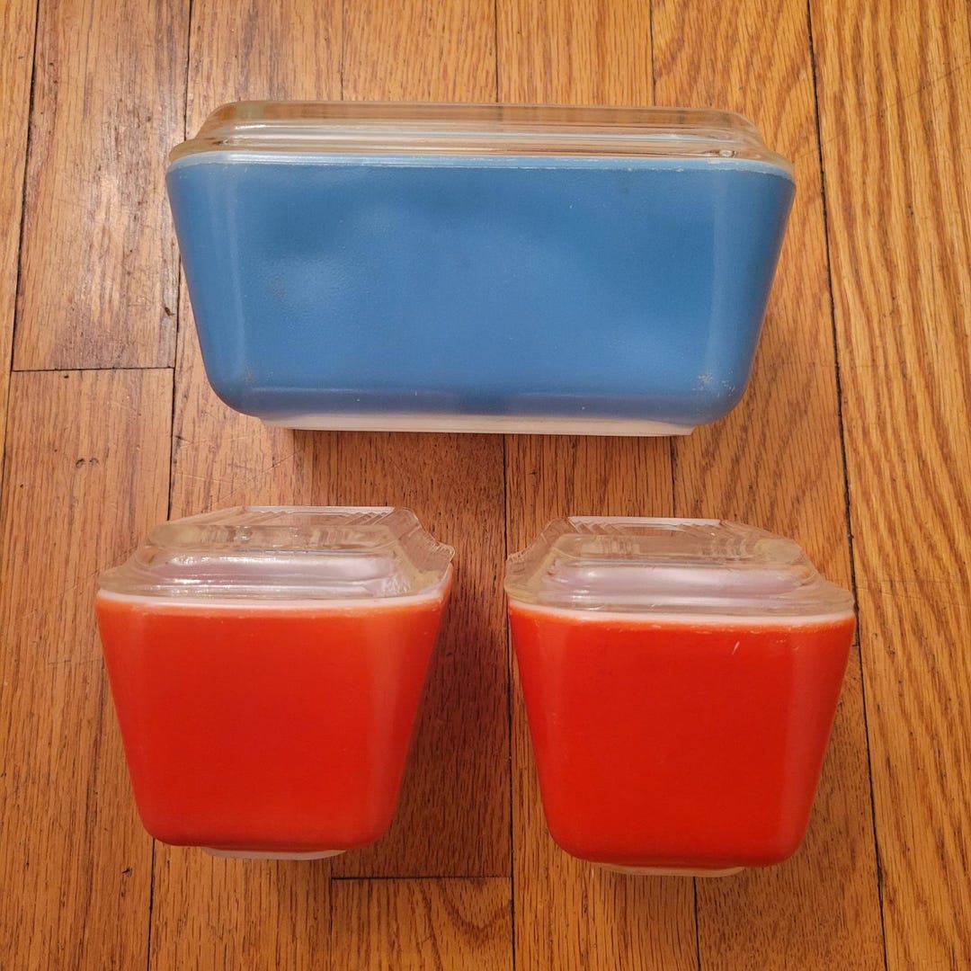 6 Pc Vintage Pyrex Glass Food Storage Container Set Blue Red Clear Lids ...
