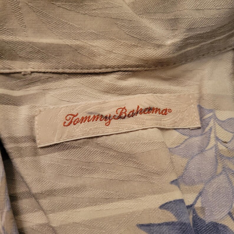 Tommy Bahama L Silk Button Gray Blue Stripe Floral Leaf Camp Shirt Summer Beach image 3