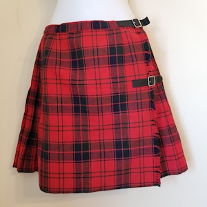 Mosbrook Red Plaid Kilt Fringe Pleated Modest Wool Adjustable Mini Skirt