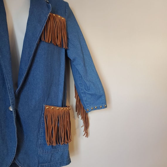 Ideas S Blue Jean Denim Brown Fringed Western Cow… - image 5