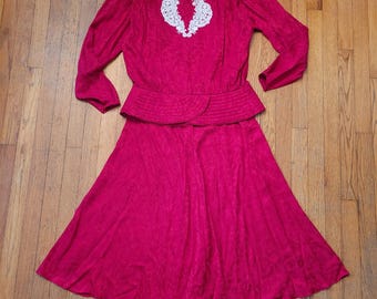 Argenti 14 2pc Skirt Set Red Silk Floral Jacquard Lace Peplum Vintage Secretary