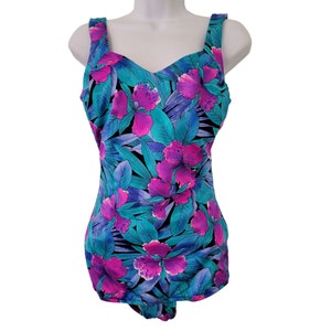 Maxine Hollywood Vintage 12 Bathing Suit 1 Pc Swim Tropical Blue Pink Floral Tankini