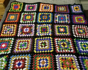 Granny Squares Afghan Black Multi Color Throw Blanket Vibrant 65 in Square Homemade Vintage