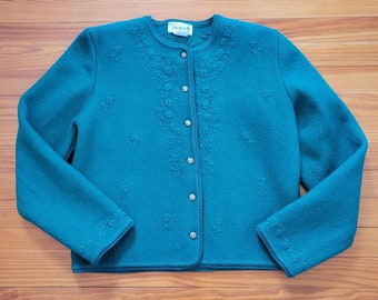 Deans M Green Floral Embroidered Wool Sweater Cardigan Jacket