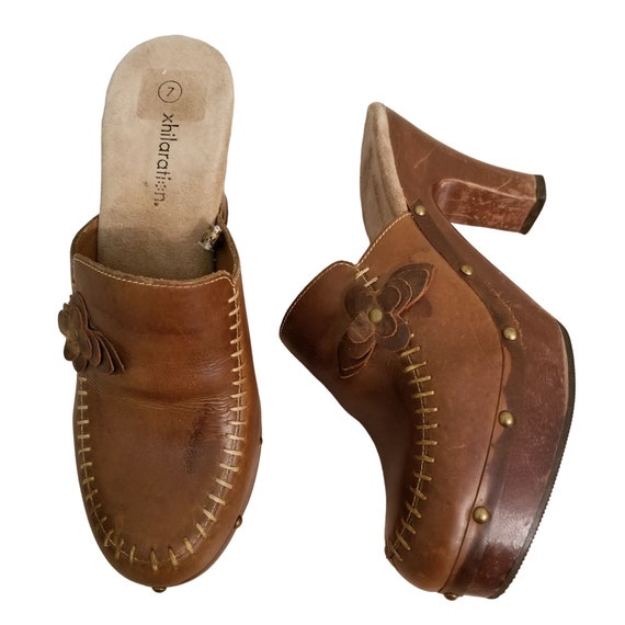 Xhilaration 7 Leather Chunky Mules 90s Y2K Platform Heels Flower