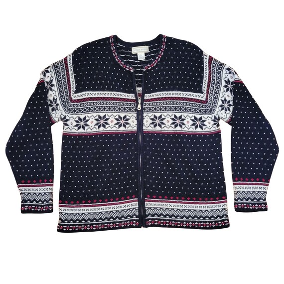 Studio Works XL Nordic Fair Isle Snowflakes Cardigan Sweater Full Zip Vintage