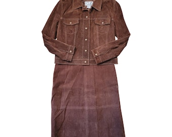 NEW Vintage Clio 12 Brown Genuine Leather Suede Jacket Skirt Set