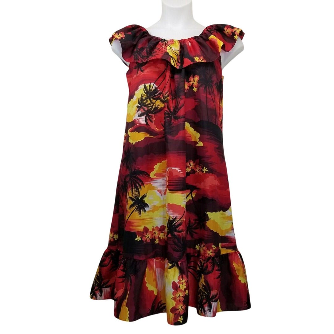 Helenas M Muu Muu Dress Traditional Hawaiian Red Yellow Sunset Palm ...