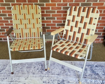 Sun Terrace 2 Vintage Brown Tan Aluminum Webbed Lawn Chair Camping Portable Patio BBQ Party Folding