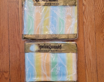 2 Vintage Springmaid No Iron Percale Twin Flat Sheets Butterfly Garden Rainbow