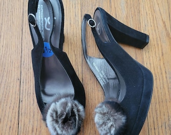 Grigiarancio 6.5 Slingback Heels Black Suede Fur Pom Peep Toe Platform ITALY
