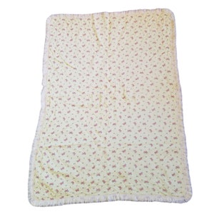 Yellow Floral Baby Blanket Satin Trim Gift Vintage Bedding Home Decor
