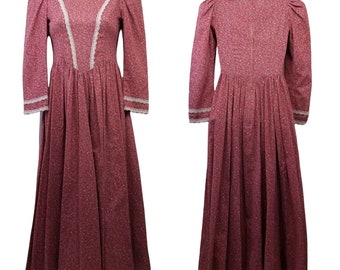 Vintage Handmade Red Calico Cottagecore Prairie Dress XS Rockabilly Western Cosplay