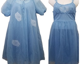 Peignoir L Bridal Set Nightgown Robe Negligee Cover Up Sheer Chiffon Lace Lingerie Blue